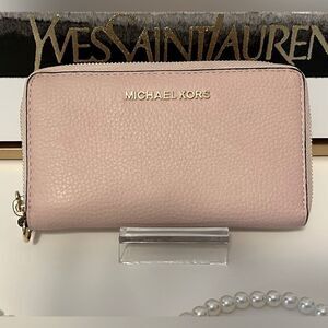 Michael Kors Pink Jet Set Zip around Wallet clutch 
Pebble Leather